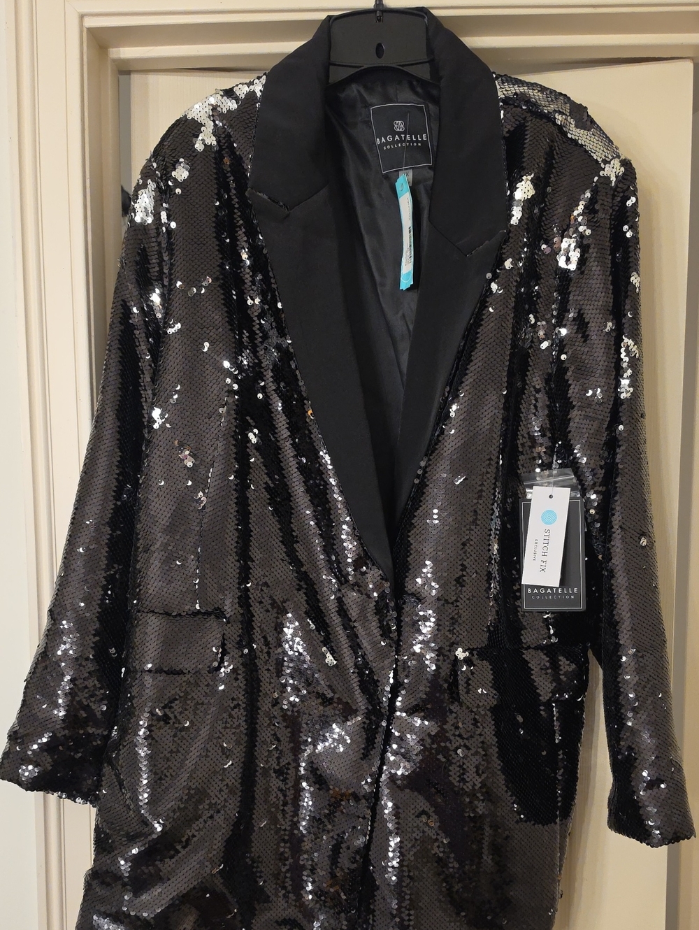 bagatelle Black Sequin Blazer with Satin Lapel